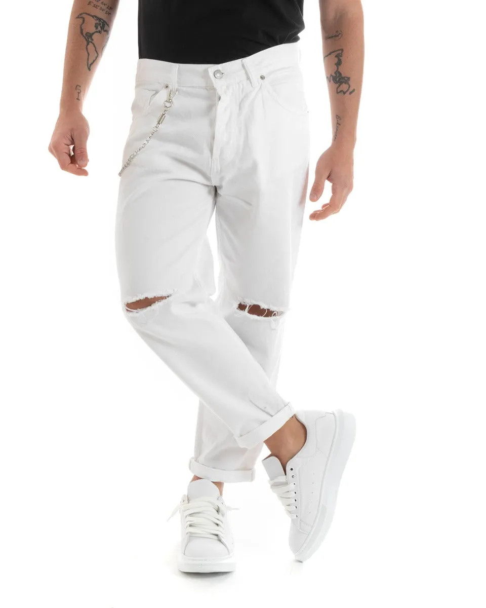 Pantaloni Jeans Uomo Loose Fit Bianco Con Rotture Cinque Tasche GIOSAL-P5712A