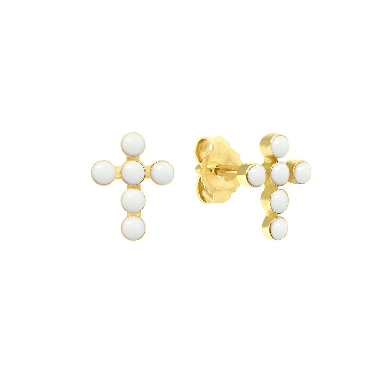 Pearled Cross Earrings, White, Yellow Gold