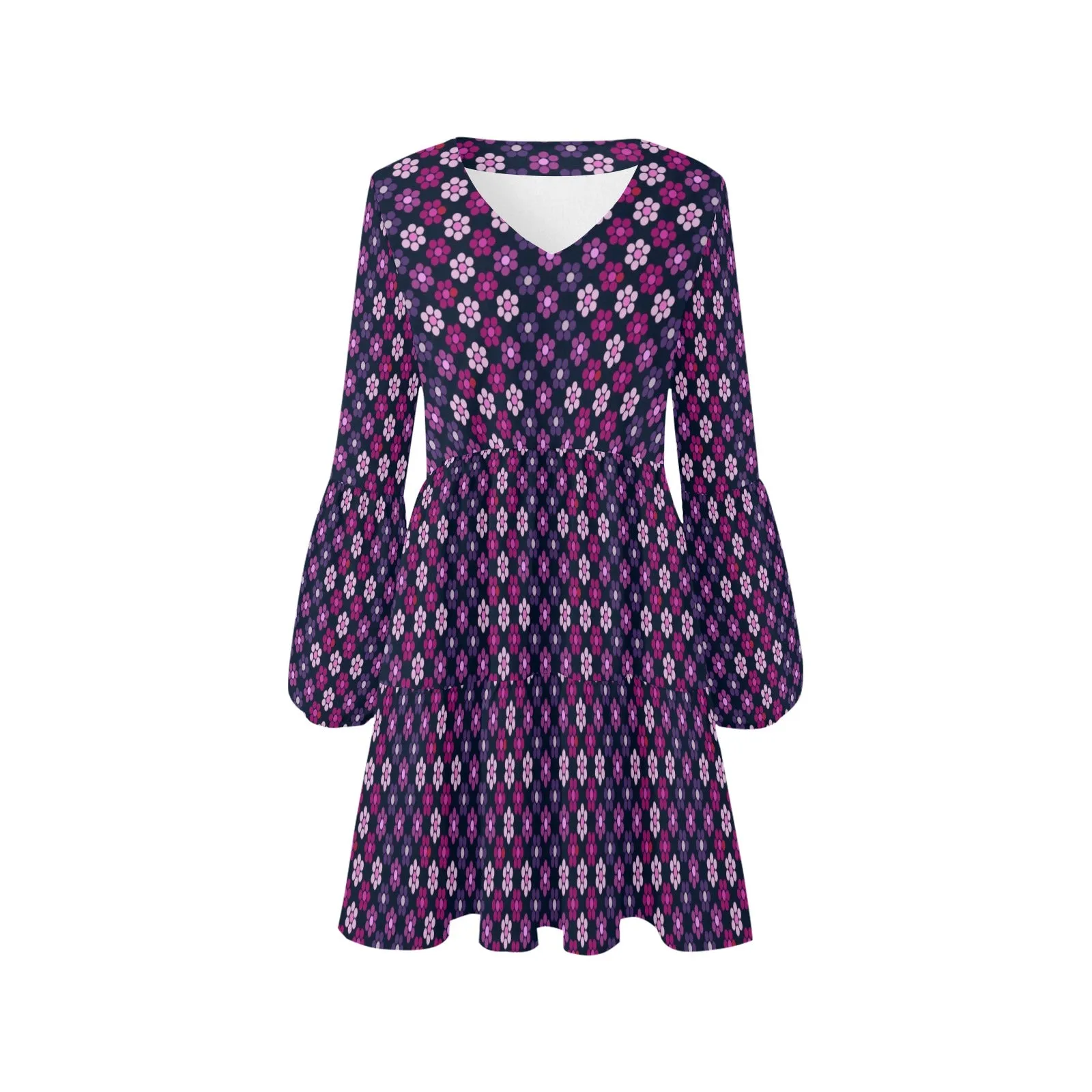 petals purple print 2 V-Neck Loose Fit Dress (Model D62)