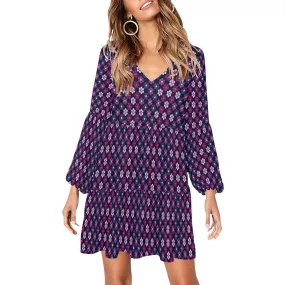 petals purple print 2 V-Neck Loose Fit Dress (Model D62)