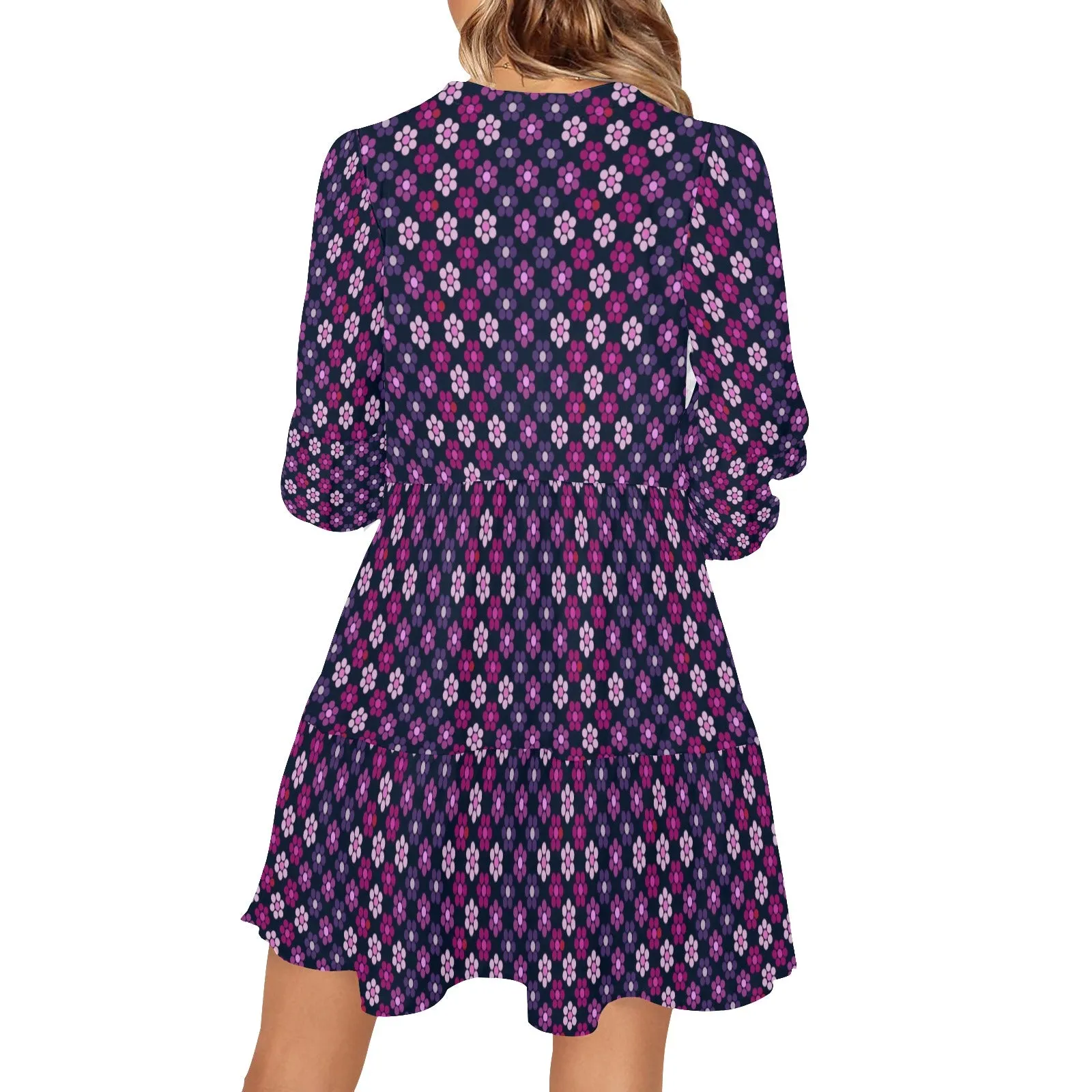 petals purple print 2 V-Neck Loose Fit Dress (Model D62)