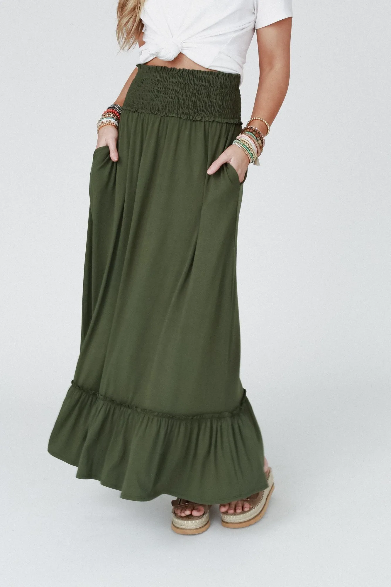 Rustic Romance Smocked Maxi Skirt - Super Olive