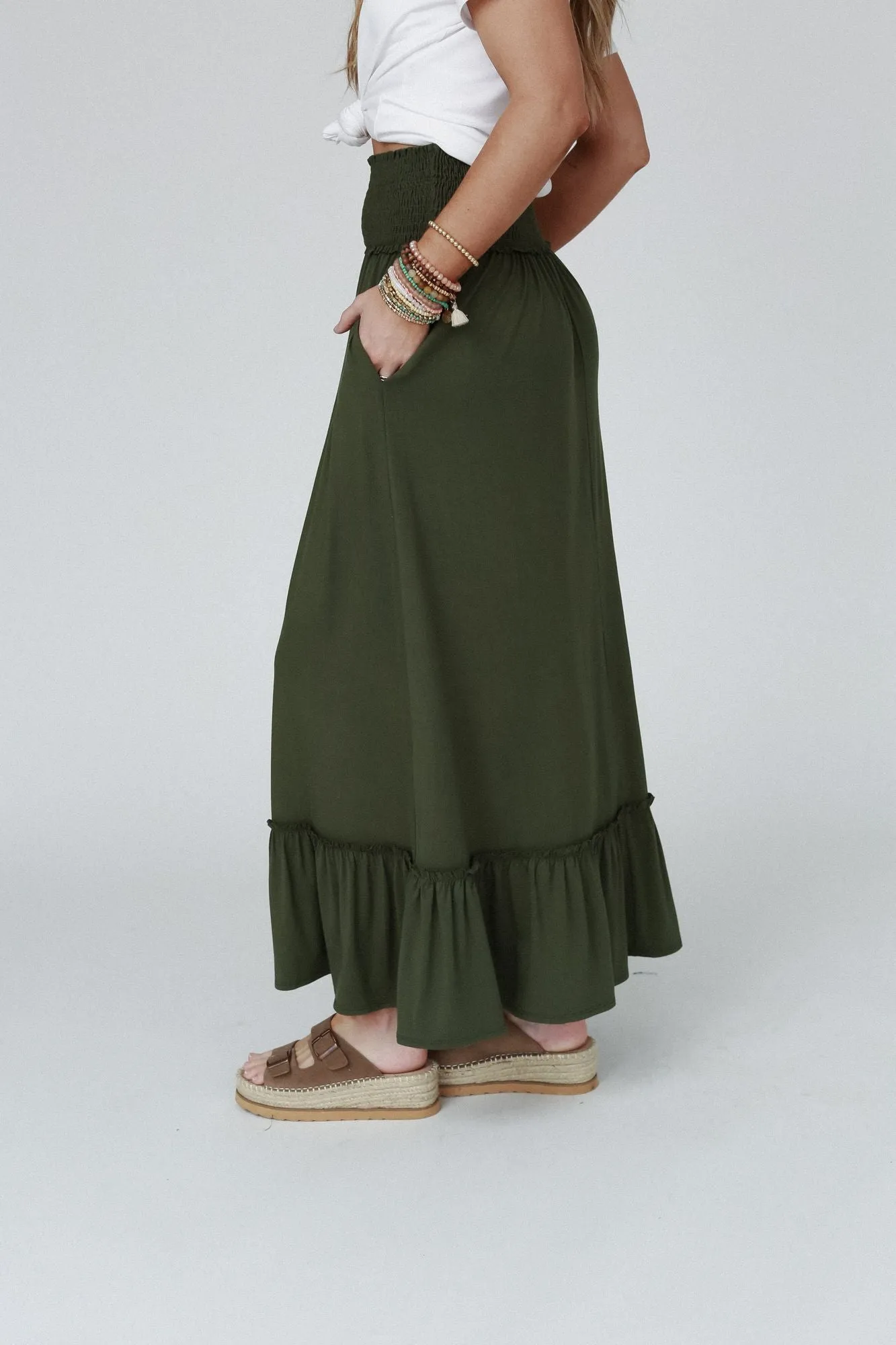 Rustic Romance Smocked Maxi Skirt - Super Olive