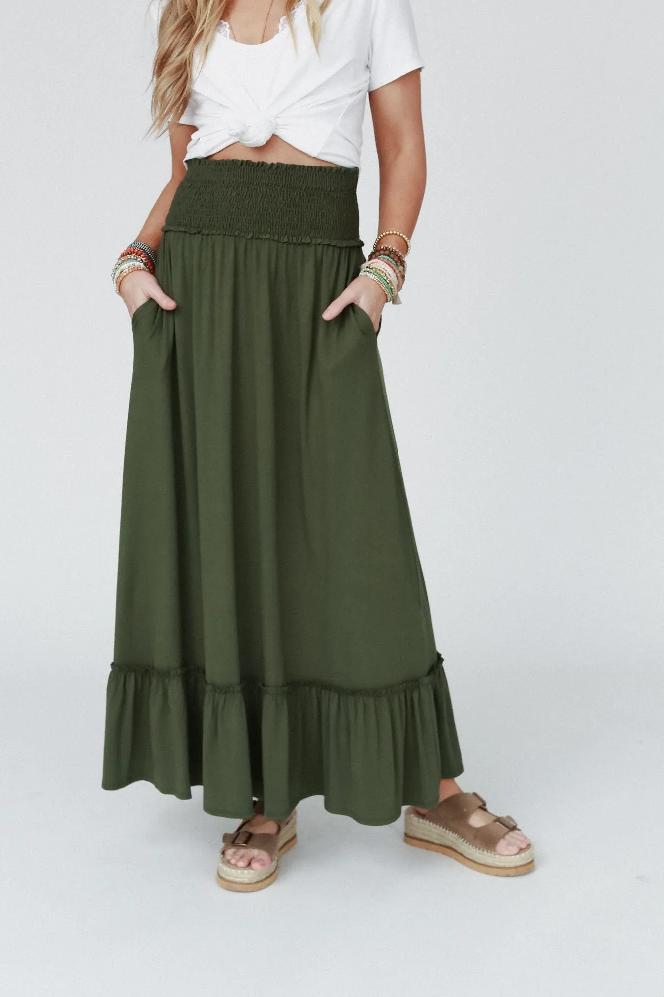 Rustic Romance Smocked Maxi Skirt - Super Olive