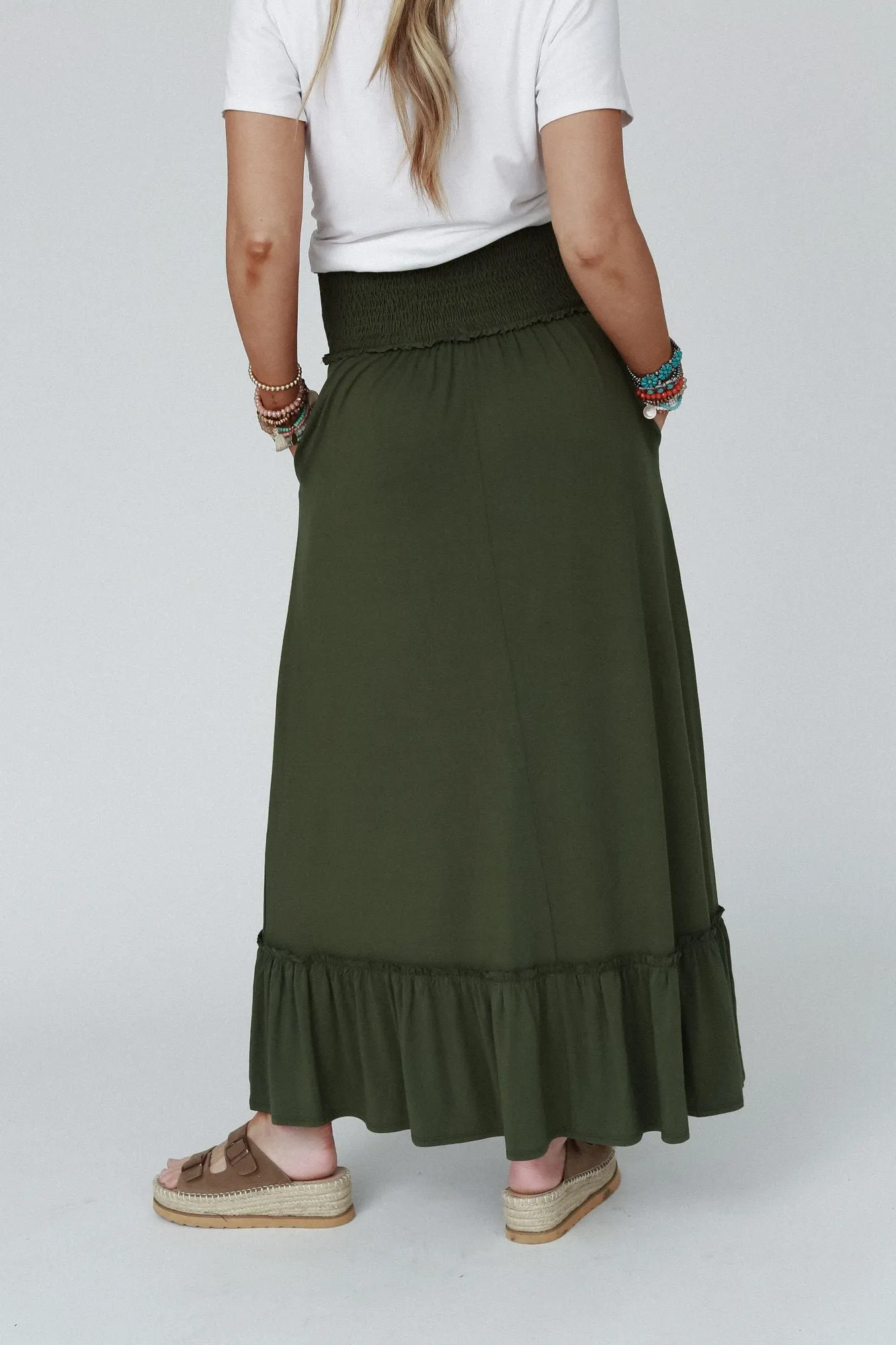 Rustic Romance Smocked Maxi Skirt - Super Olive