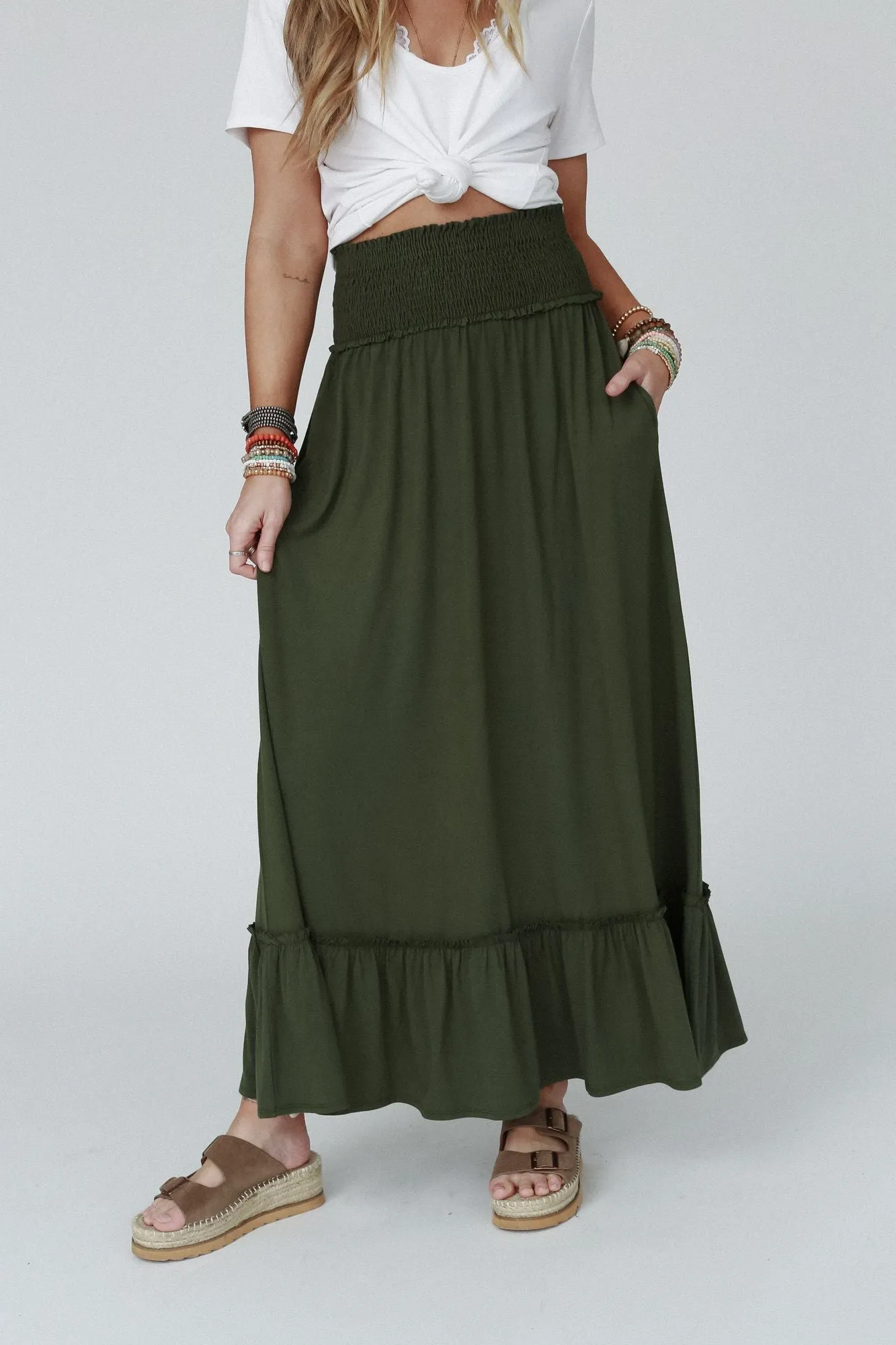 Rustic Romance Smocked Maxi Skirt - Super Olive