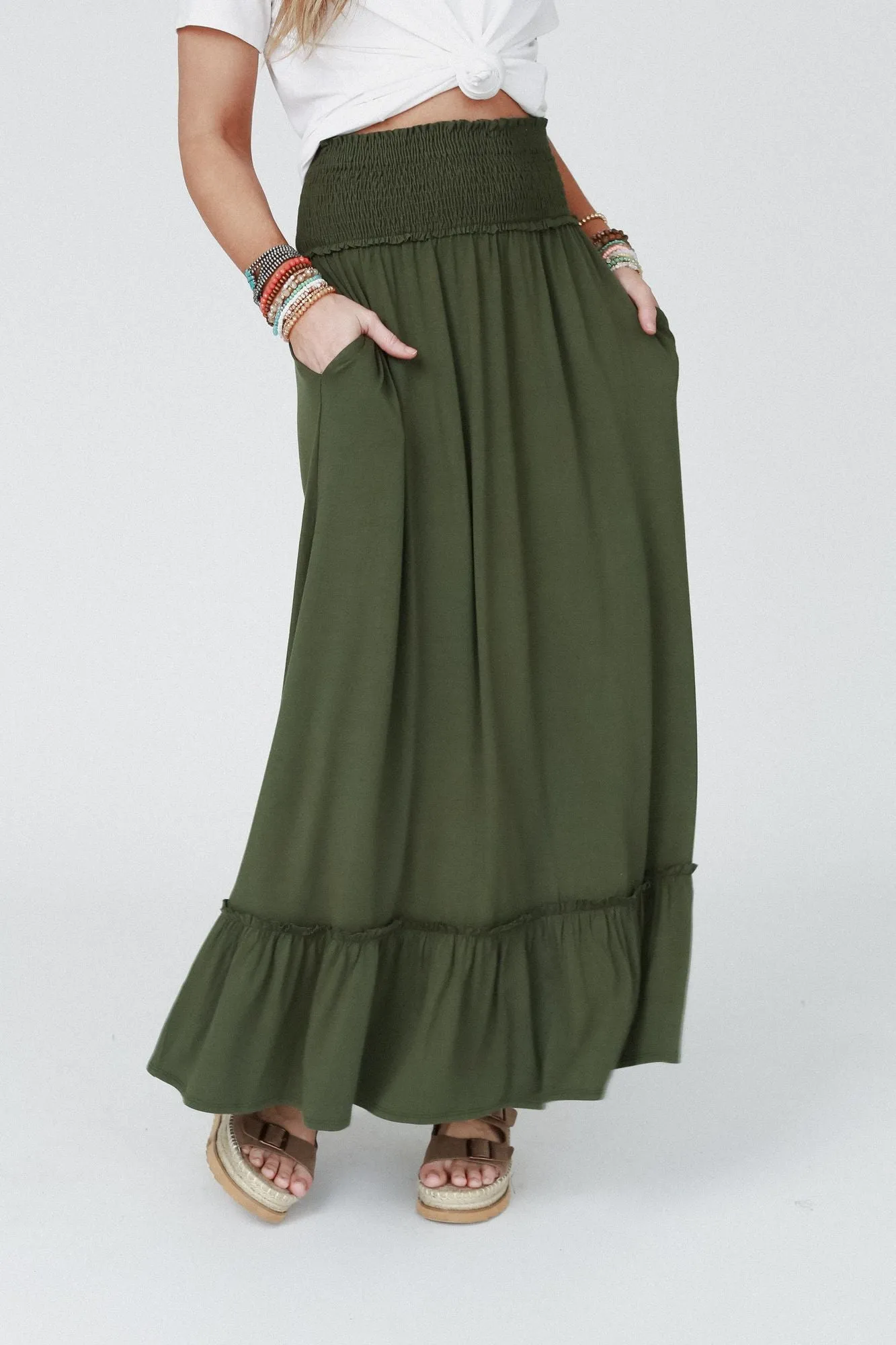 Rustic Romance Smocked Maxi Skirt - Super Olive