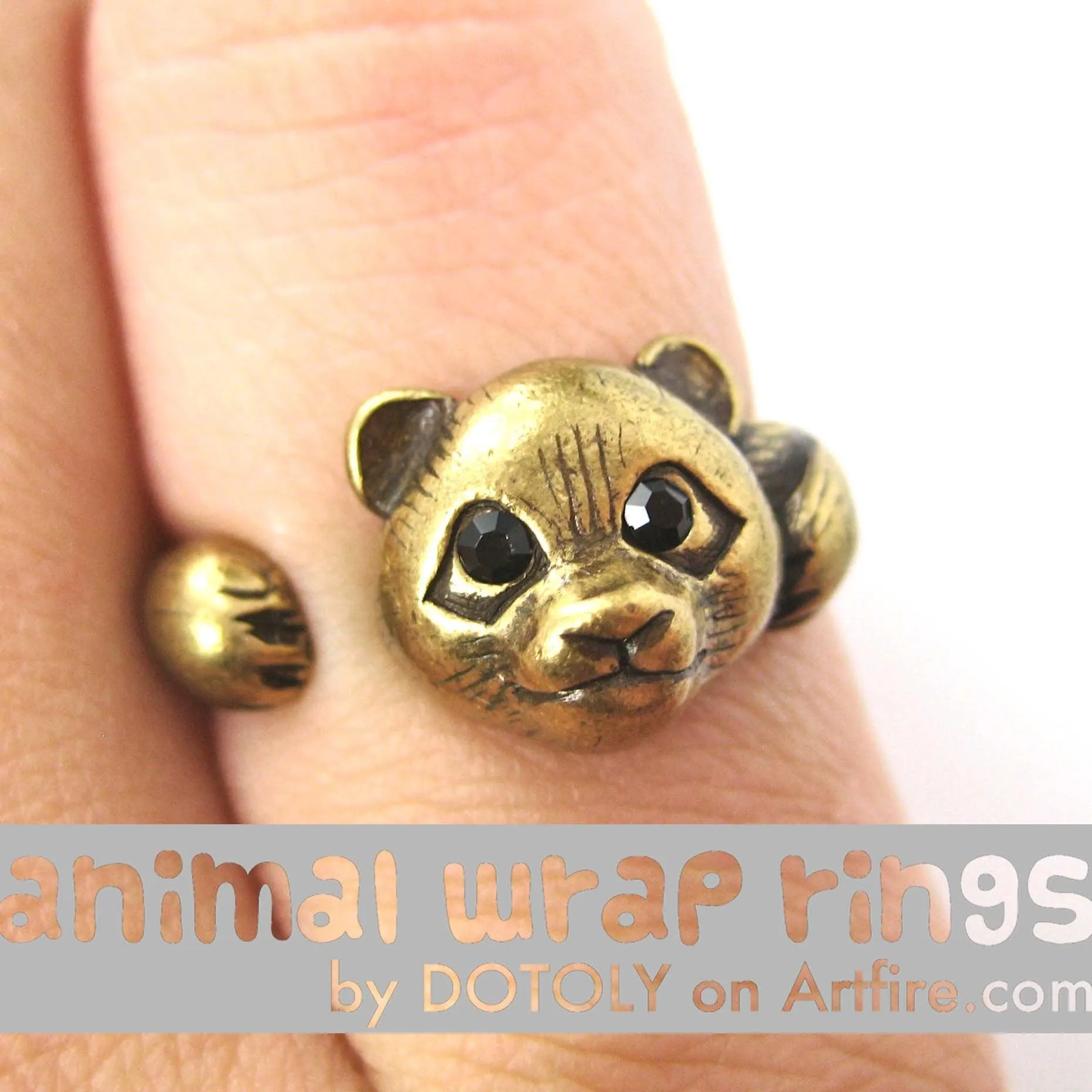 Small Panda Bear Animal Wrap Hug Ring in Brass - Size 4 to 8.5 Available