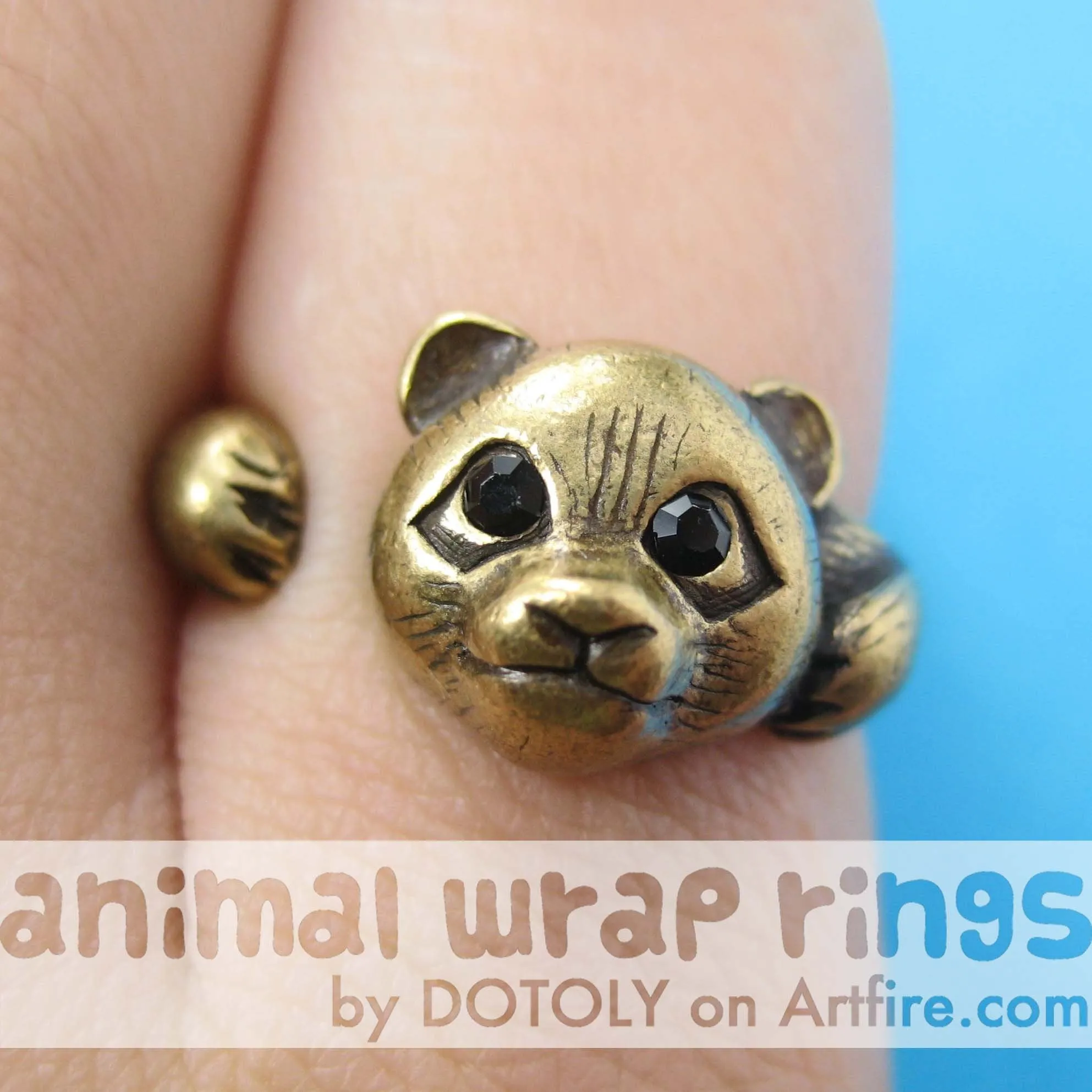 Small Panda Bear Animal Wrap Hug Ring in Brass - Size 4 to 8.5 Available