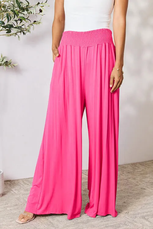 Smocked Wide Waistband Wide Leg Pants