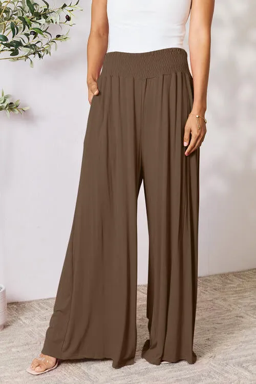 Smocked Wide Waistband Wide Leg Pants