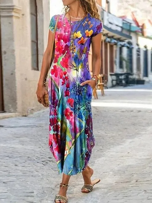 Stylish Floral and Tie Dye Print Maxi Dress with Pockets