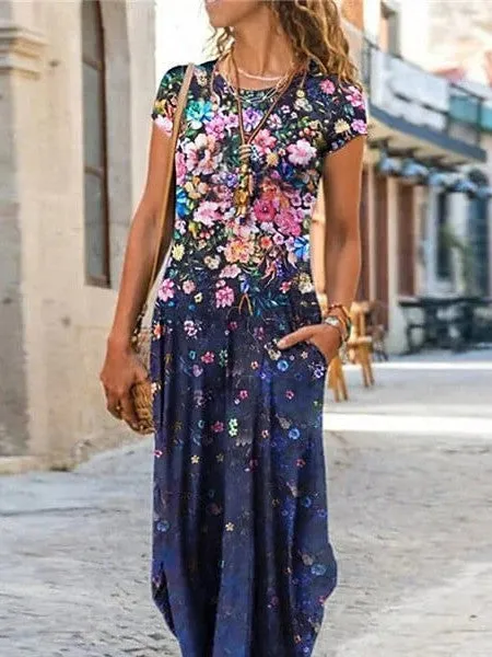 Stylish Floral and Tie Dye Print Maxi Dress with Pockets