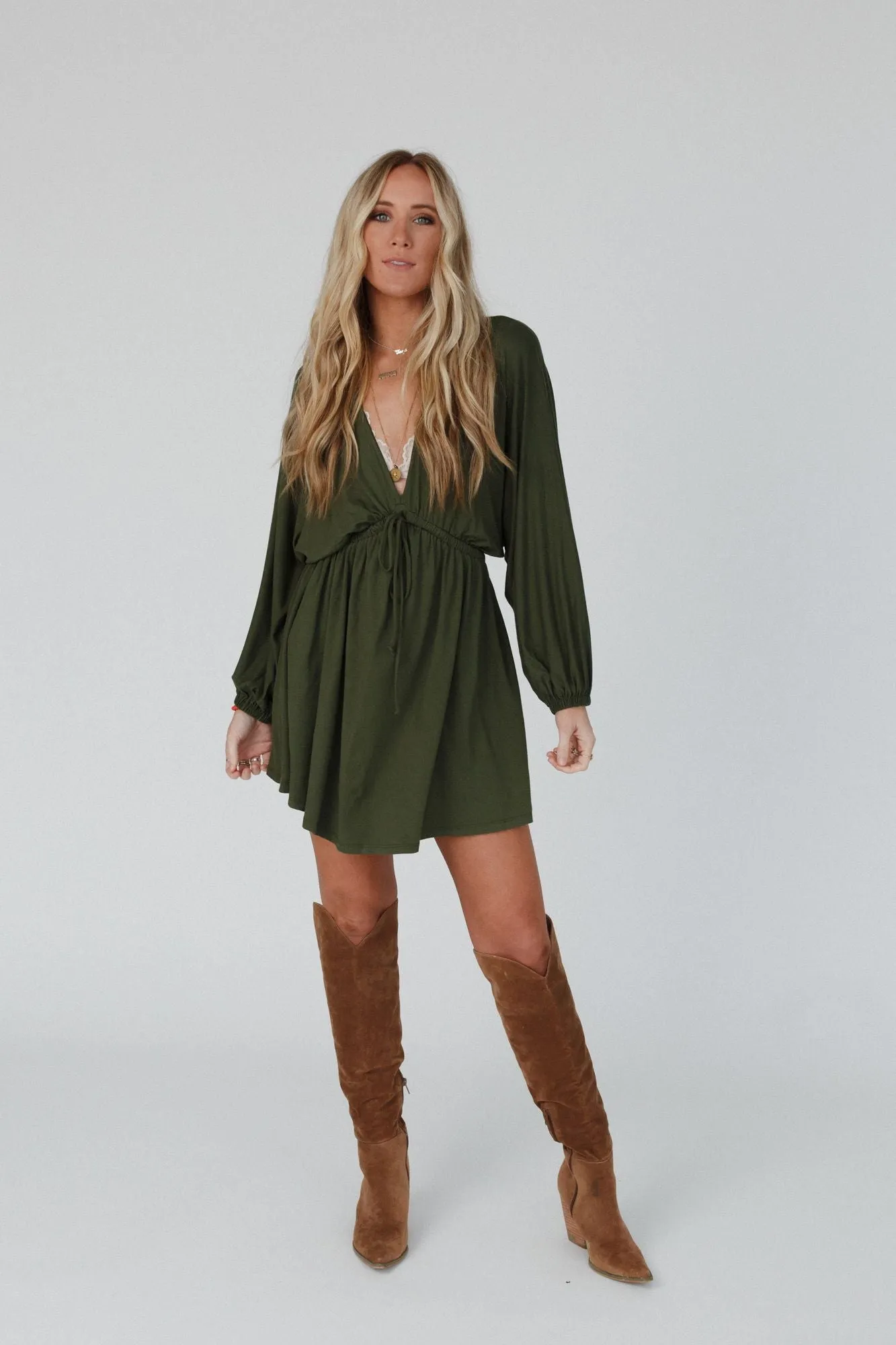 Sweet Vacay Long Sleeve Dress - Super Olive