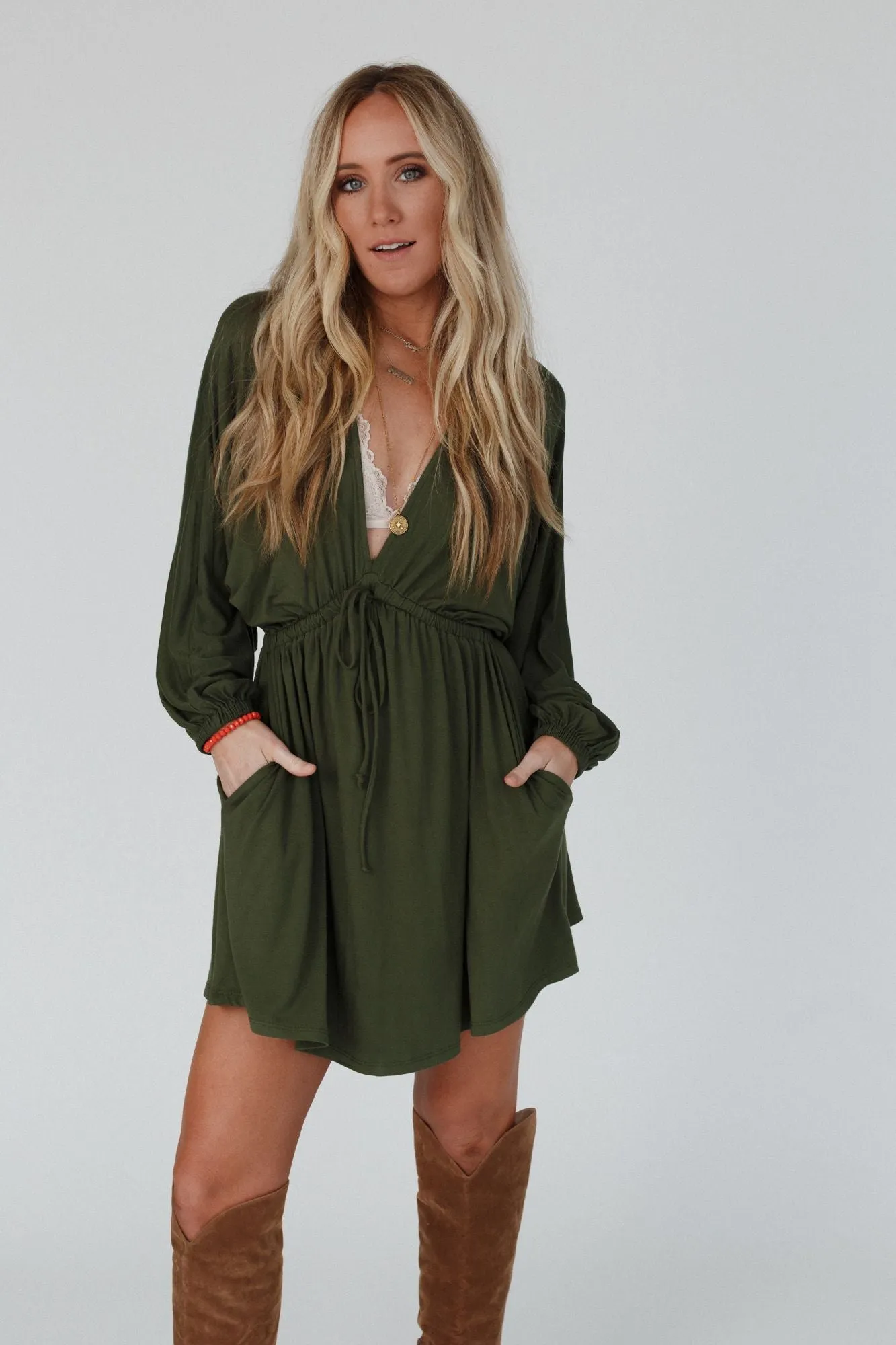 Sweet Vacay Long Sleeve Dress - Super Olive