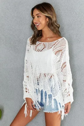 Venti6 Drop Shoulder Crochet Tassel Poncho Cover Up - White