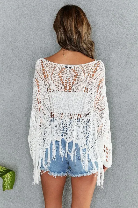 Venti6 Drop Shoulder Crochet Tassel Poncho Cover Up - White