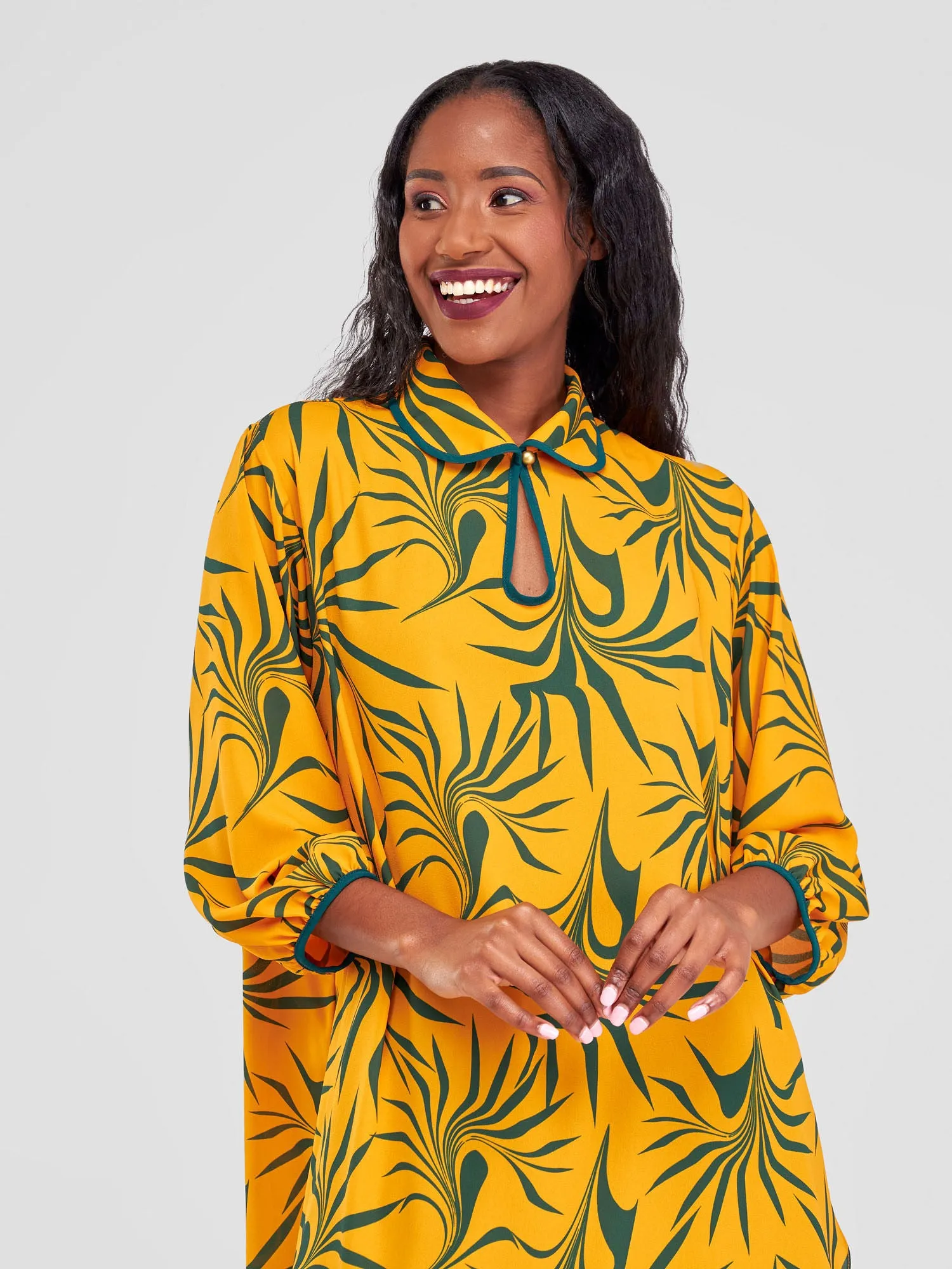 Vivo Asha Tunic Top - Mustard / Green Tezo Print