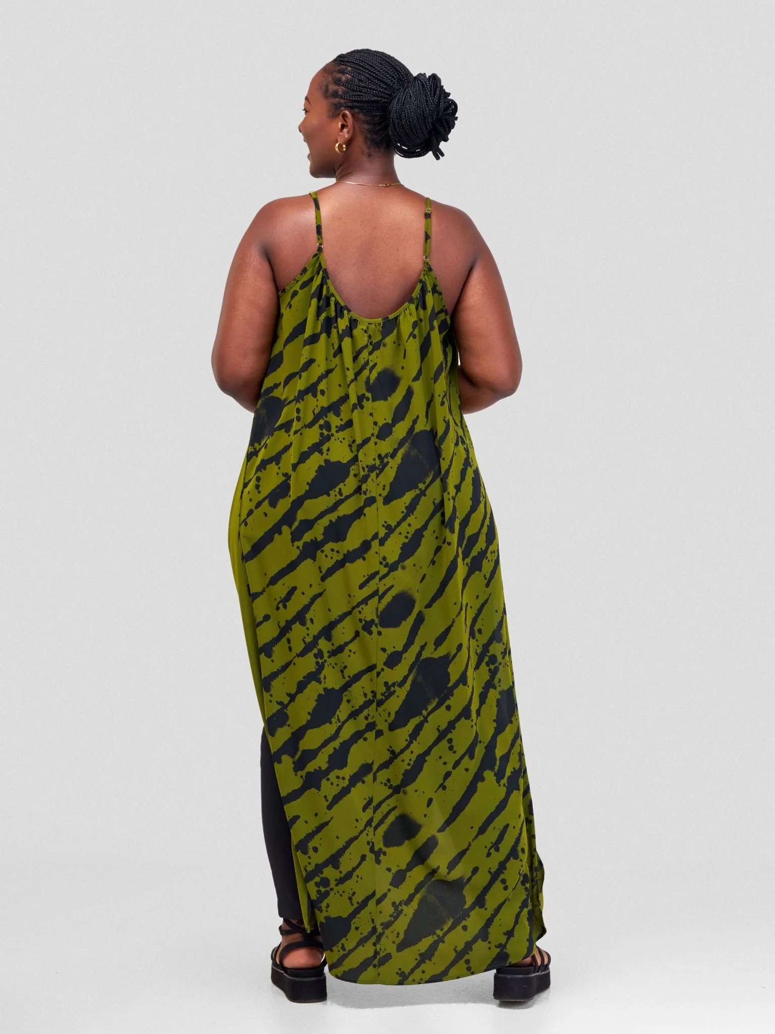 Vivo Ava Strappy Maxi Top - Black / Olive Green Mistari Print