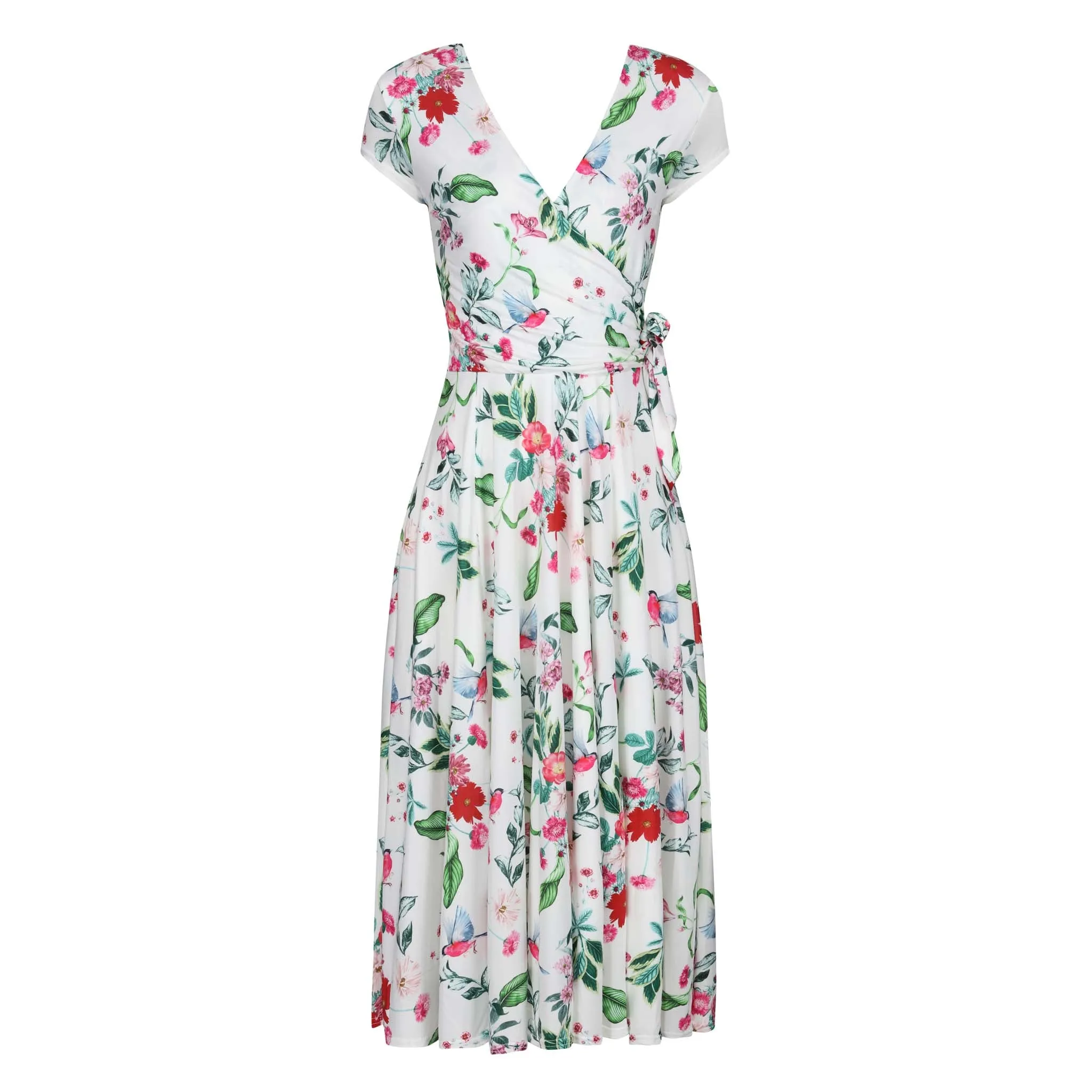 White Floral Bird Print Cap Sleeve Crossover Top Swing Dress